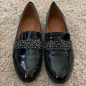 Franco Sarto Black Patent Loafers with Studded Band